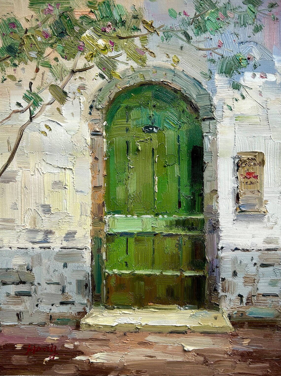 Green Arched Wooden Door Old White Wall Mediterranean Art Print - Image 5
