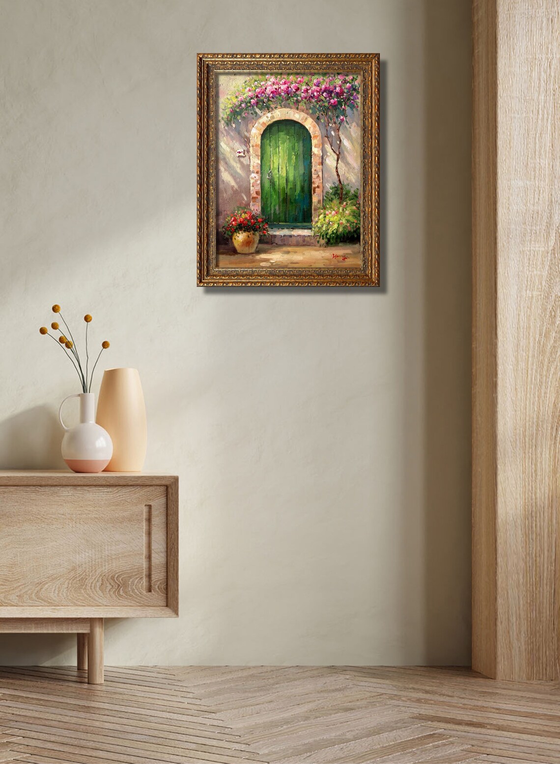 Mediterranean Green Door With Pink Bougainvillea Flowers Oil Poster - Image 3
