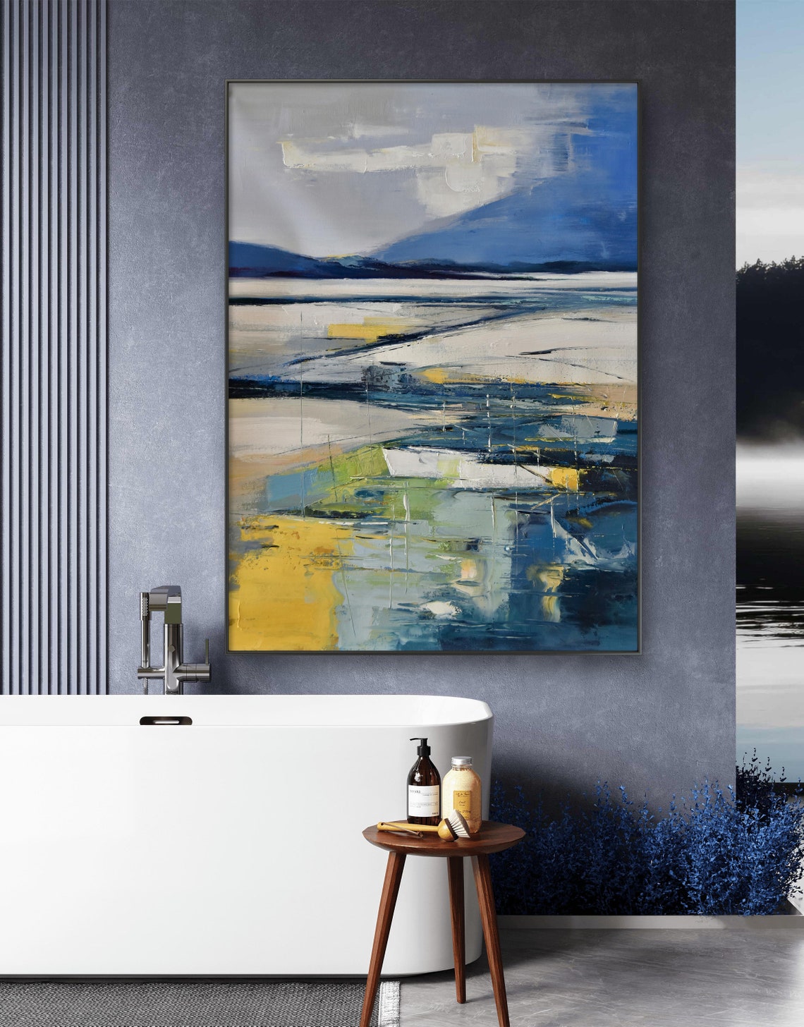Abstract Blue And Gold Lakeside Landscape Modern Oil Painting Print - Image 2
