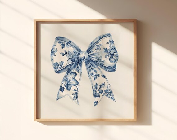 Blue Porcelain Floral Bow Balletcore Coquette Nursery Wall Poster
