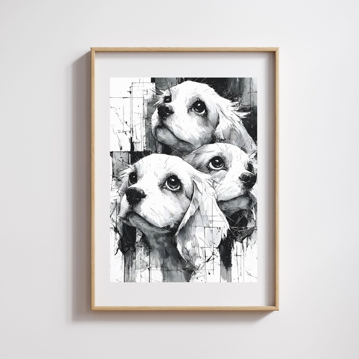 Three Cavalier Puppies Black and White Ink Sketch Dog Art Poster