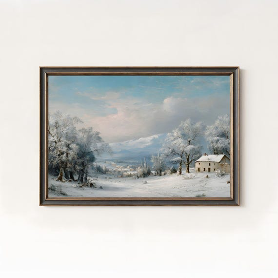 Vintage Winter Landscape Oil Painting Snowy Valley Mountain Scene Print 98