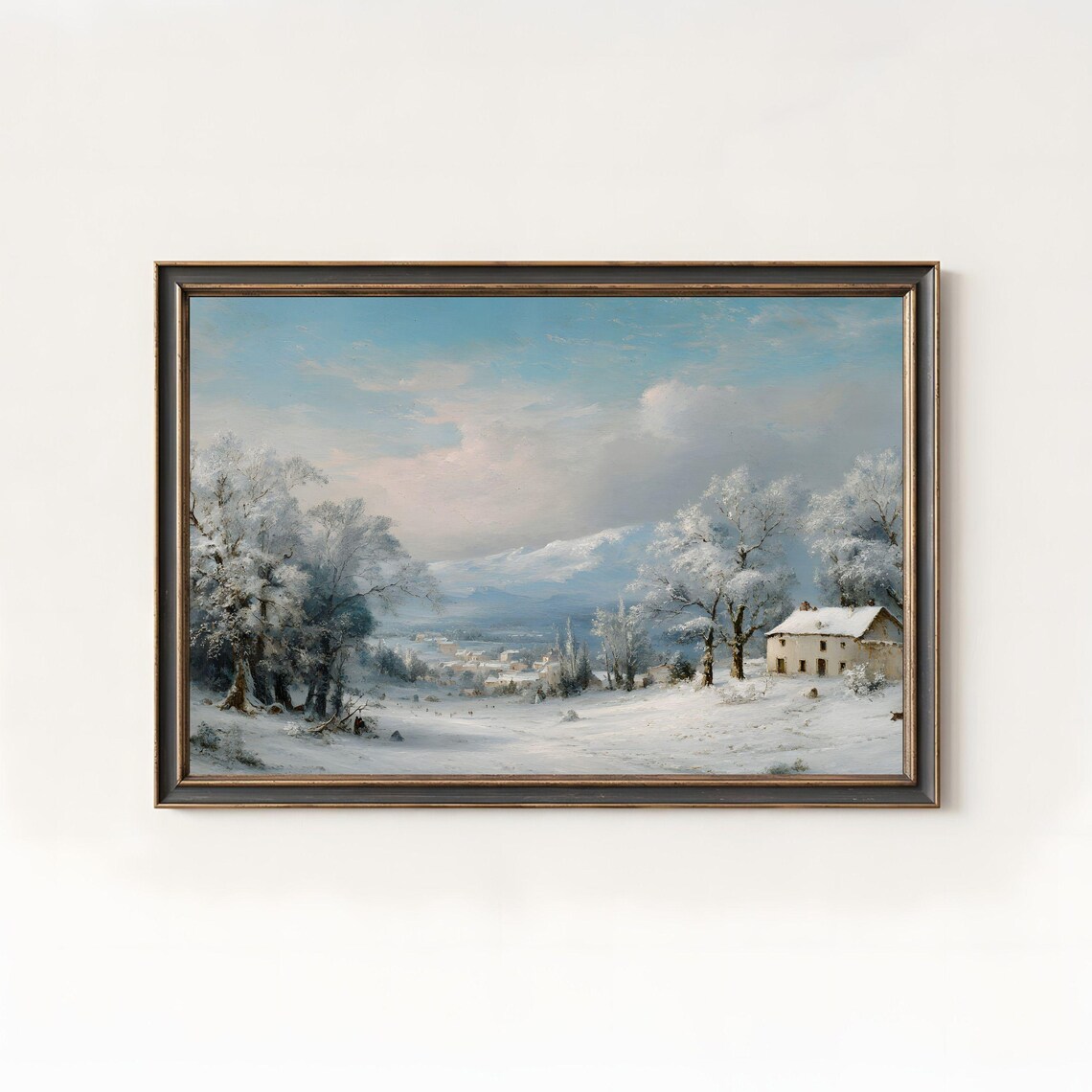 Snowy Winter Valley Frosted Trees Distant Town Soft Blue Sky Art Poster