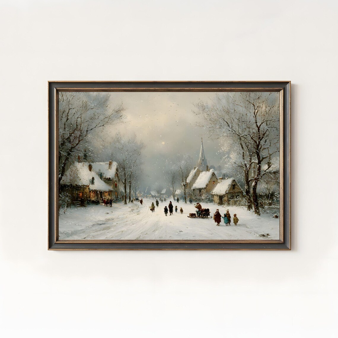 Vintage Snowy Village European Christmas Scene Poster