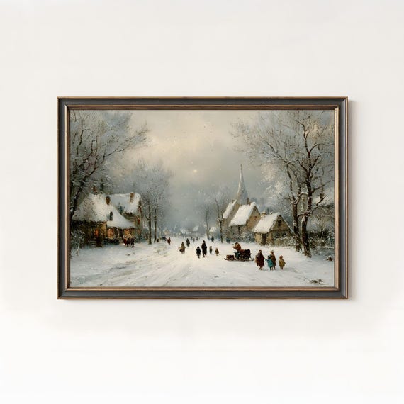 Vintage Snowy Village European Christmas Scene Poster