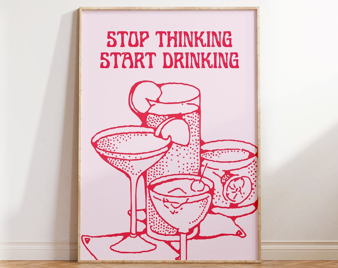 Stop Thinking Start Drinking Pink Retro Cocktail Quote Wall Art