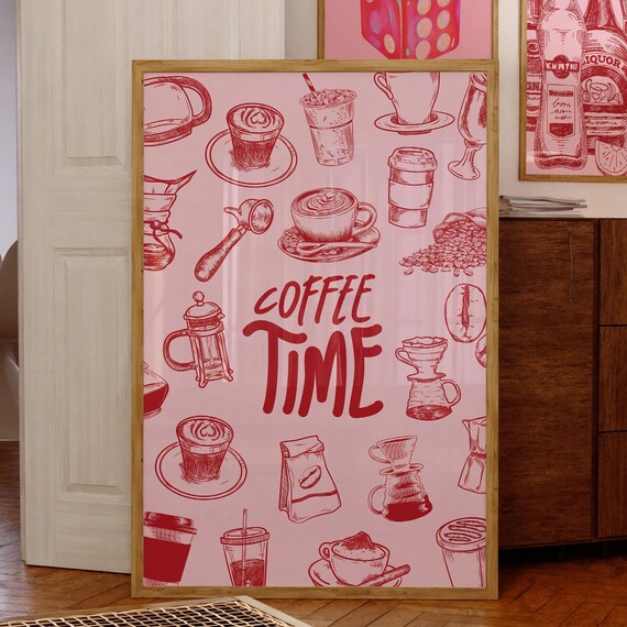 Coffee Time Red Pink Doodles Cafe Kitchen Trendy Drink Poster