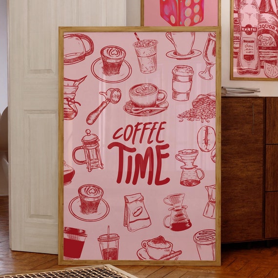 Physical Poster Retro Coffee Time Wall Art Trendy Print In Red Pink Kitchen And Bar Decor Food Drink Home
