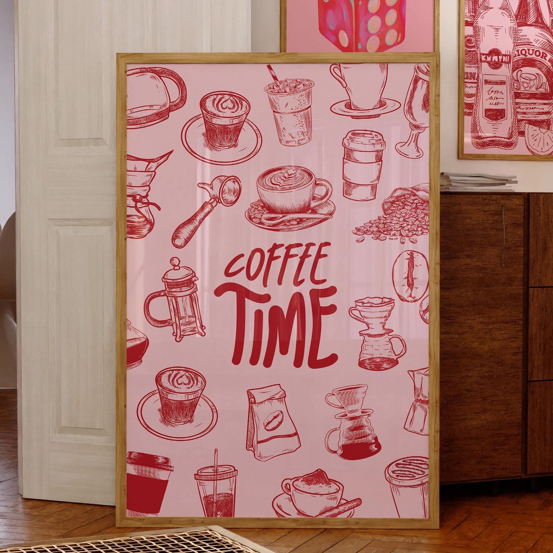 Coffee Time Red Pink Doodles Cafe Kitchen Trendy Drink Poster