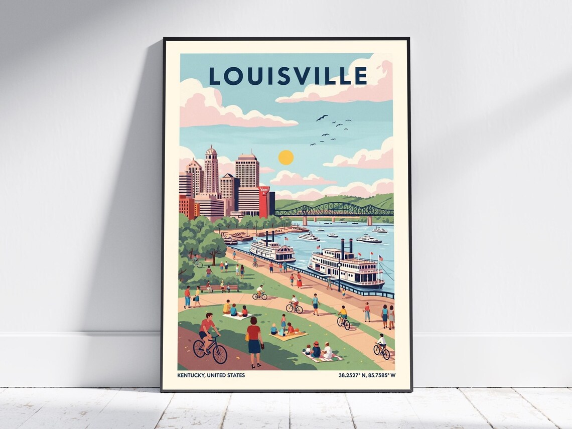 Louisville Kentucky Riverboats Skyline Vintage Travel Poster