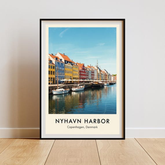 Nyhavn Harbor Art Print Blue And Yellow Red Orange Wall Vintage Travel Decor Living Room Bedroom Office Cityscape