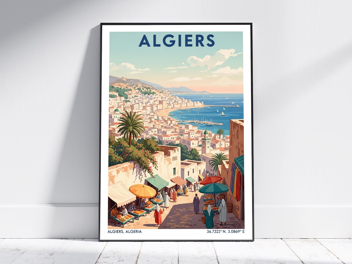 Algiers Algeria Vintage Bay Market Harbor Retro Travel Art Poster