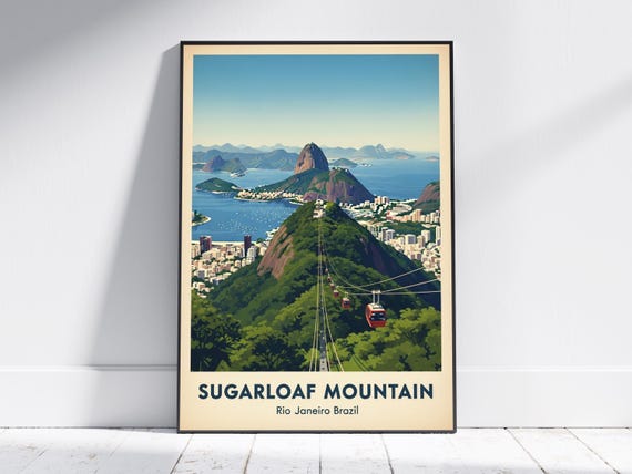 Sugarloaf Mountain Brazil Vintage Travel Poster Green And Blue Landscape Art Wall Decor For Living Room Or Office Home