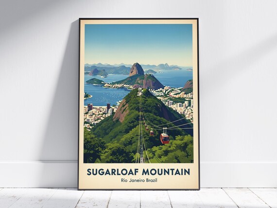 Sugarloaf Mountain Rio Brazil Cable Cars Vintage Travel Poster