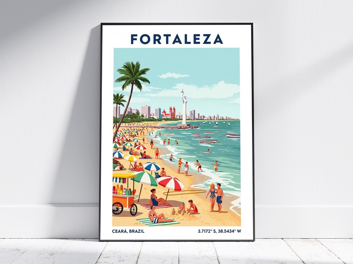 Fortaleza Ceara Brazil Crowded Beach Umbrellas Vintage Travel Poster