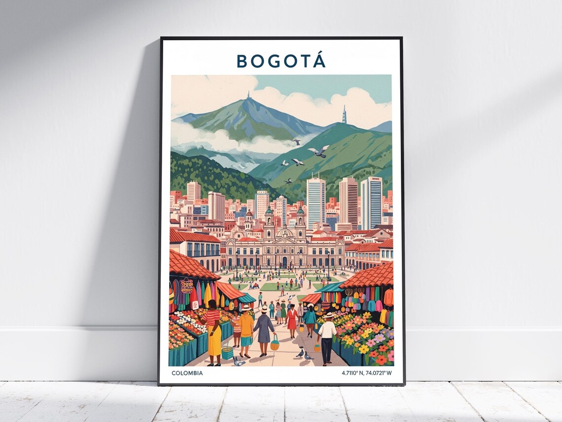 Bogota Colombia Colonial City Flower Market Mountain View Travel Poster