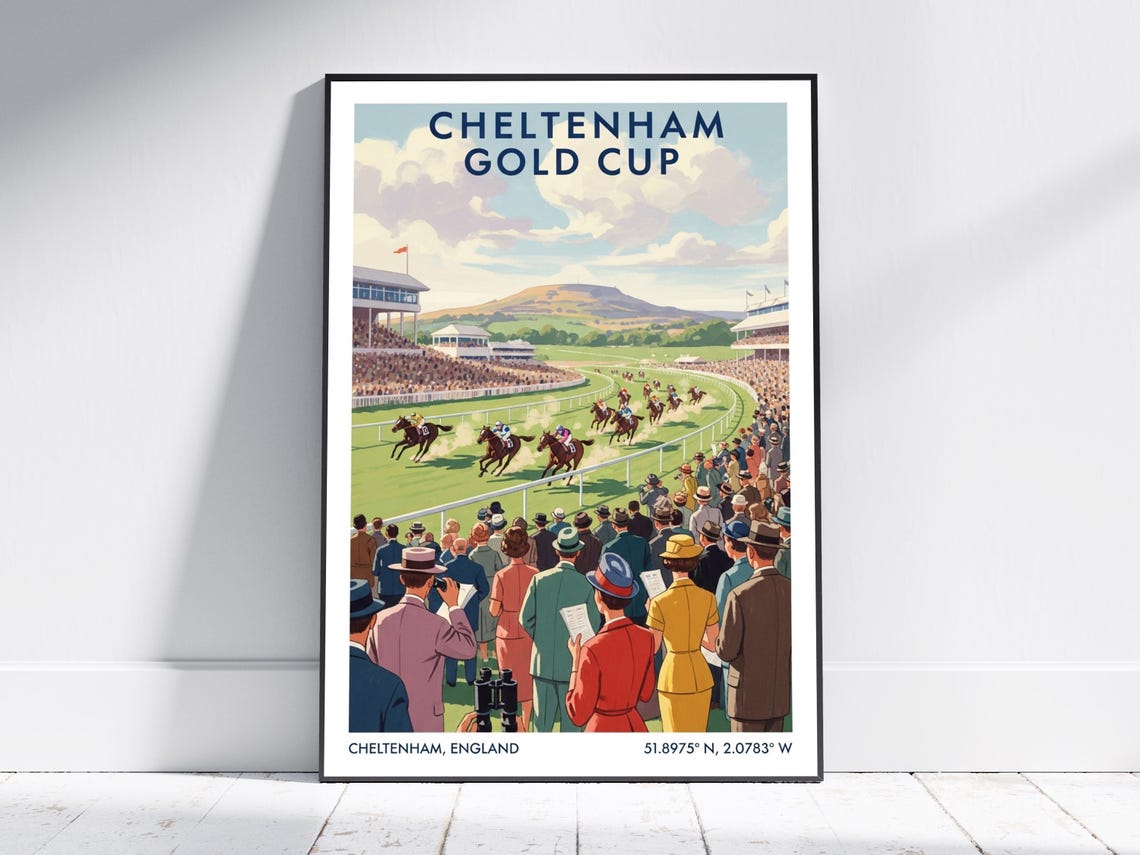 Cheltenham Gold Cup Horse Racing Crowd Vintage Travel Poster