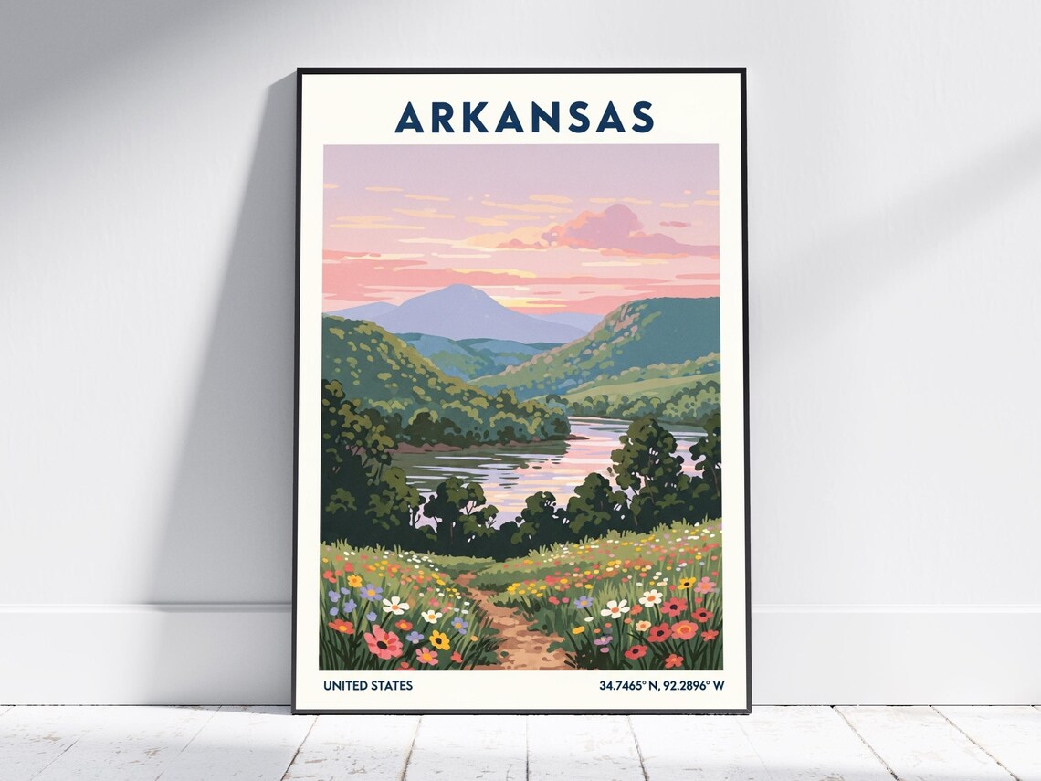 Arkansas Wildflower Meadow River Sunset Vintage Travel Poster Nature Art