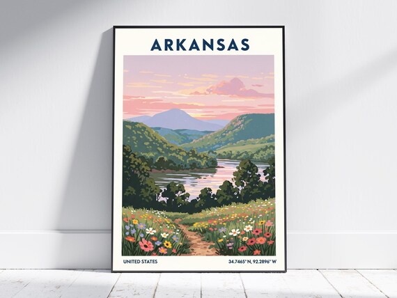 Arkansas Wildflower Meadow River Sunset Vintage Travel Poster Nature Art