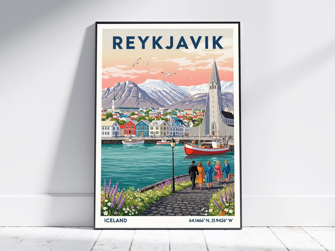 Reykjavik Travel Poster Iceland Harbor Church Snowy Mountains Scene
