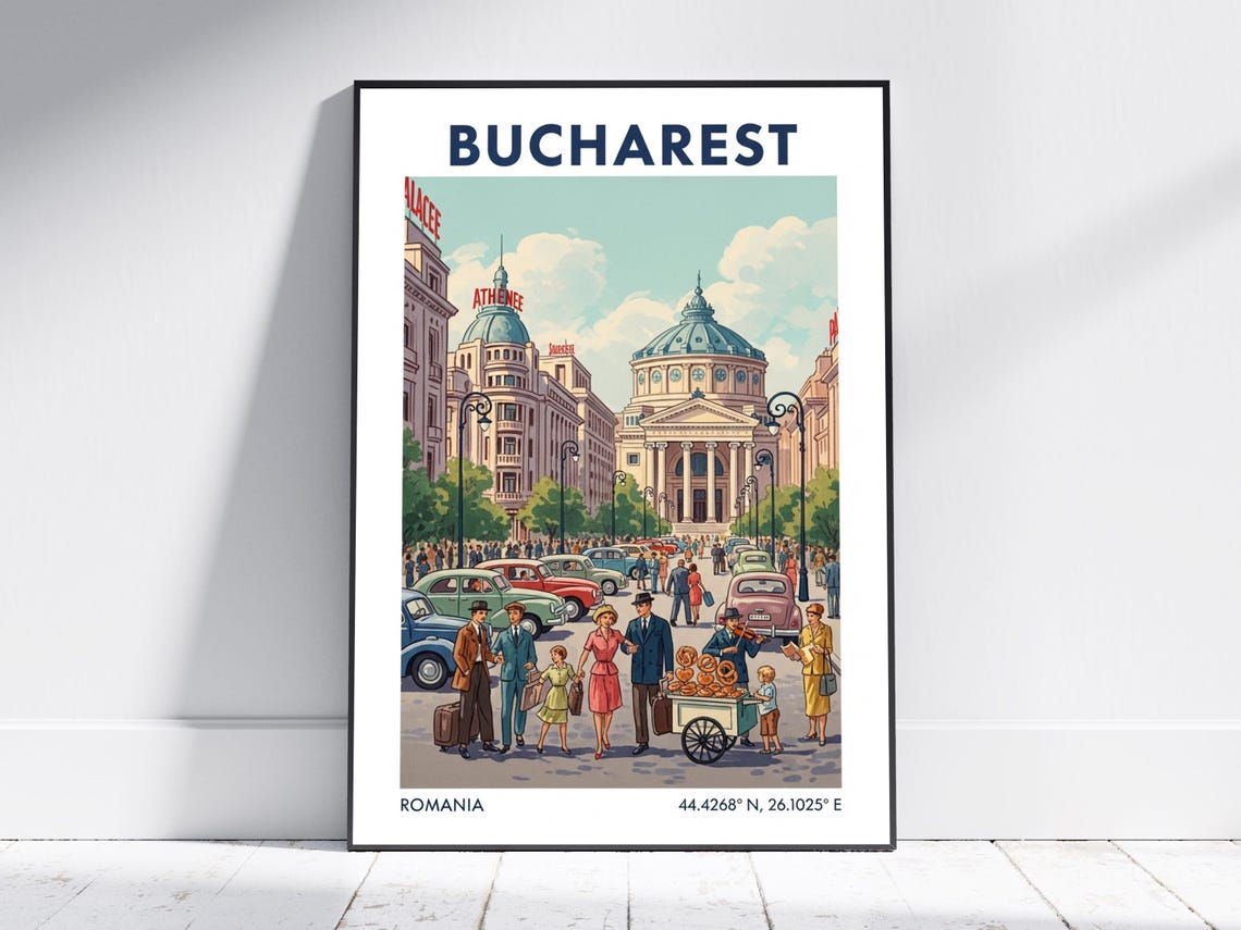 Bucharest Romania Vintage Travel Scene Romanian Athenaeum Poster