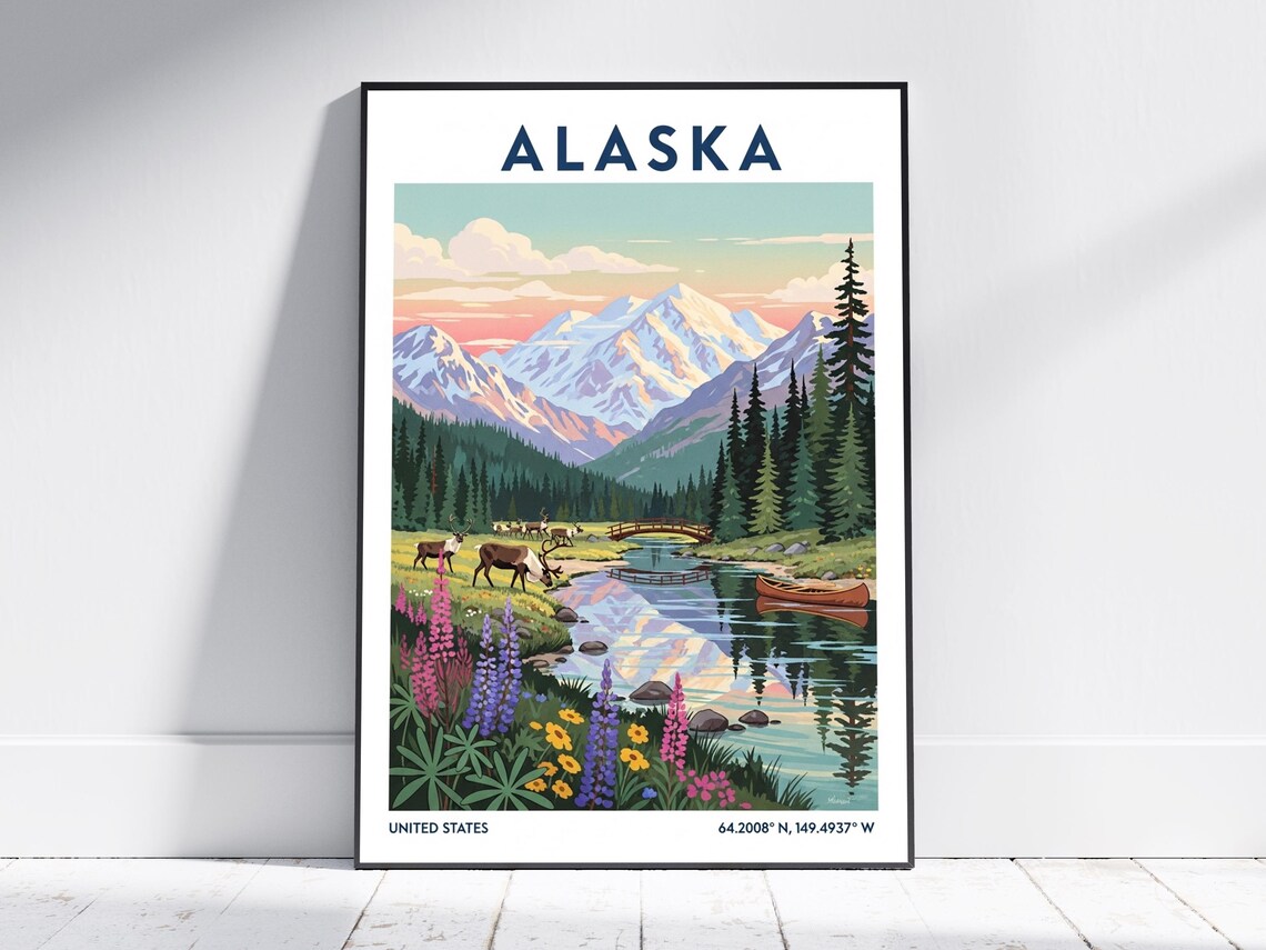 Alaska Snowy Peaks Caribou Lake Vintage Wilderness Travel Poster