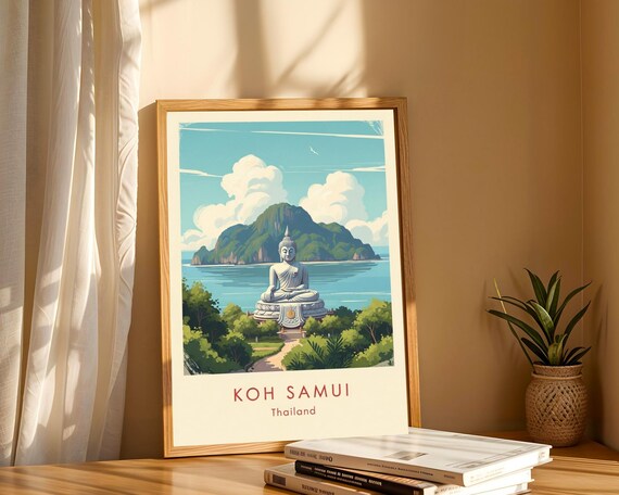 Koh Samui Big Buddha Art Print Blue And Green Vintage Travel Poster Thland Landscape Decor For Living Room Serene Wall