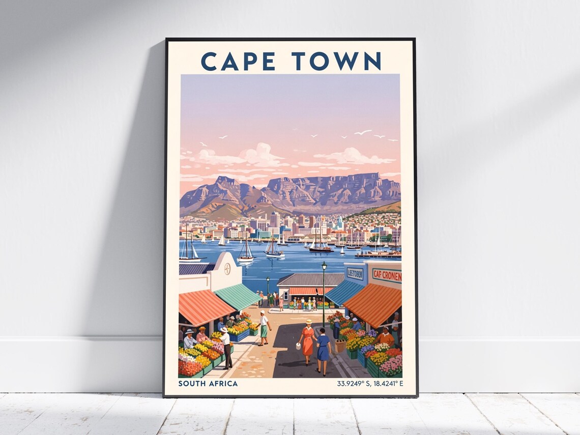 Cape Town South Africa Table Mountain Harbor Vintage Travel Poster