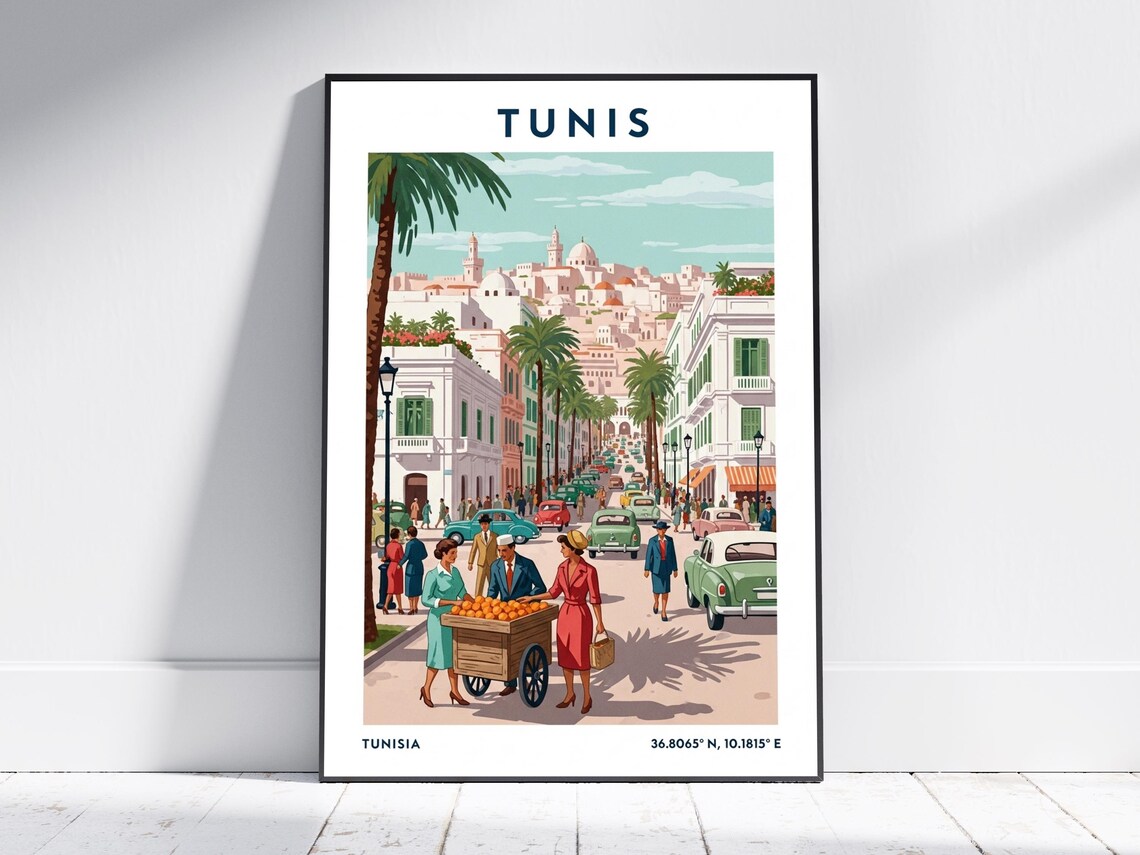 Tunis Tunisia Bustling Street Market Scene Vintage Travel Poster