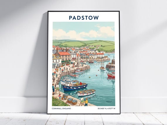 Padstow Cornwall Travel Poster Vintage Coastal Wall Art Print For Nautical Home Decor Retro Ocean Illustration Seaside Gift