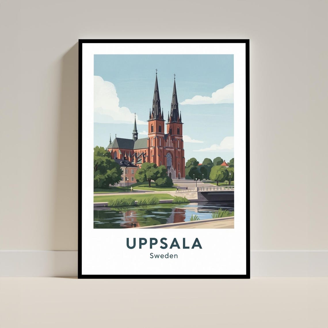 Uppsala Sweden Cathedral Riverside Skyline Vintage Travel Poster