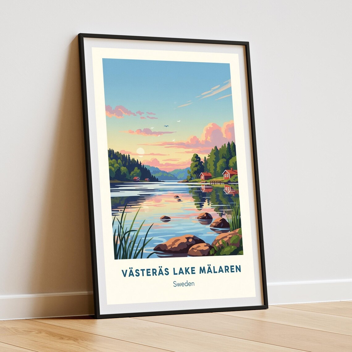 Vasteras Lake Malaren Sweden Sunset Shore Red Cabin Travel Poster