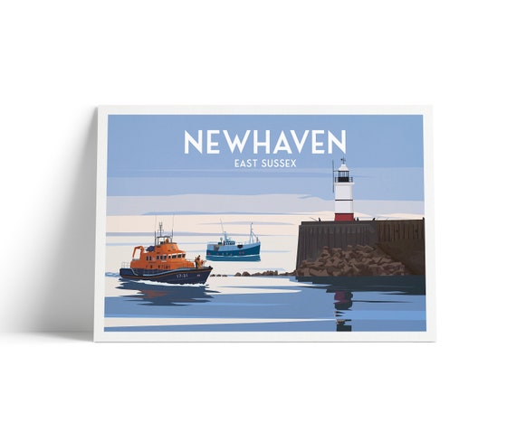 Newhaven Travel Poster Lighthouse Harbour East Sussex Lifeboat Minimalist Wall Art