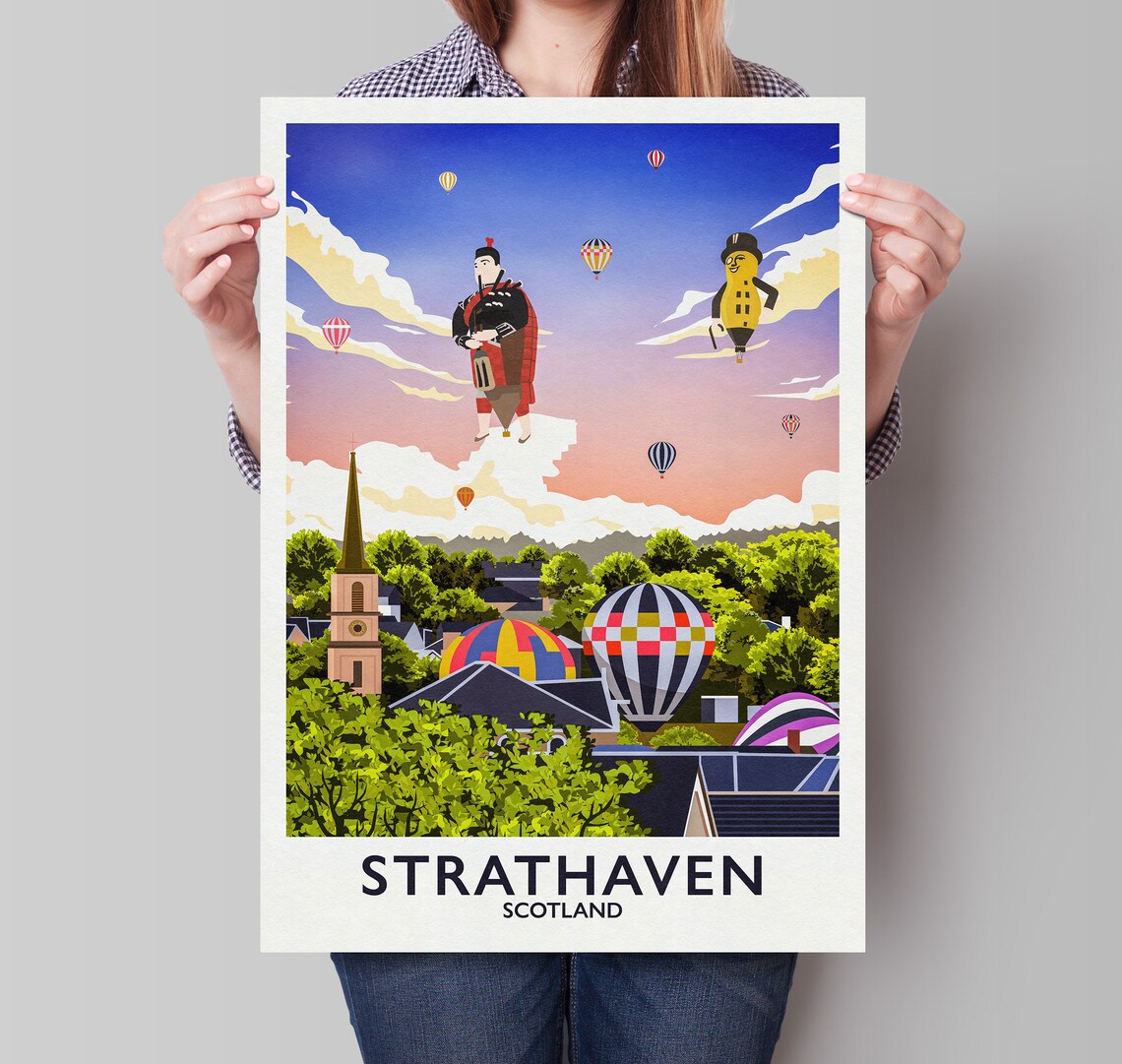 Strathaven Scotland Hot Air Balloon Fiesta Vintage Travel Poster