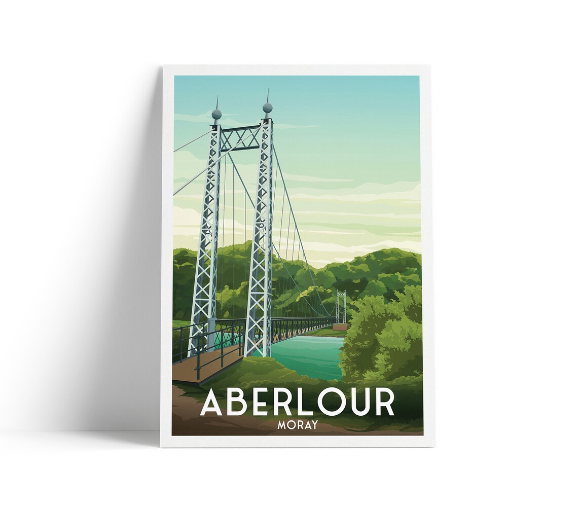 Aberlour Moray Travel Poster Historic Suspension Bridge Scotland Art