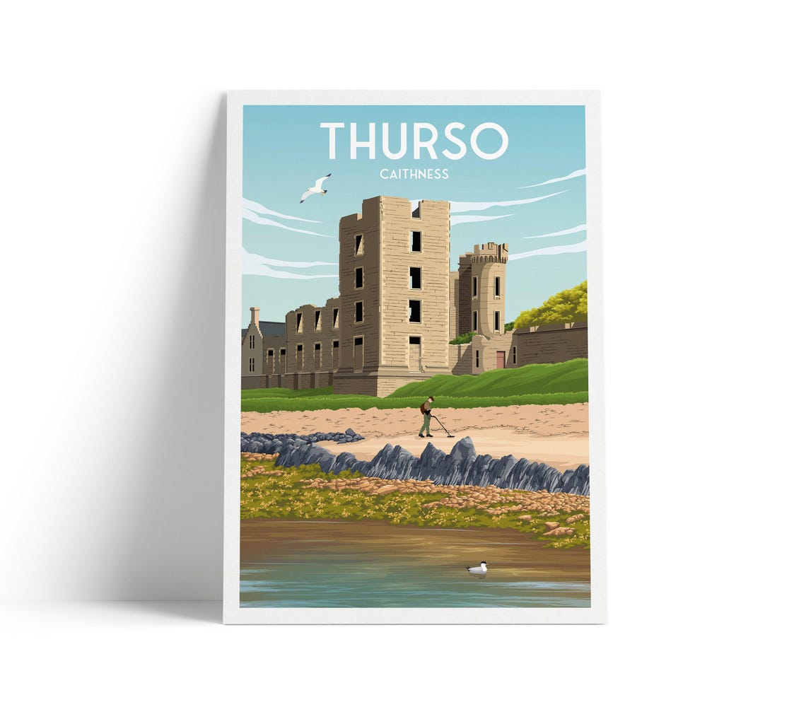 Vintage Thurso Caithness Castle Coast Scotland Beach Travel Poster