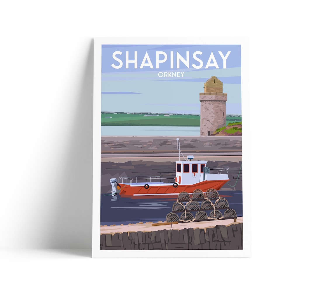 Shapinsay Orkney Travel Poster Fishing Boat Harbour Tower Scotland