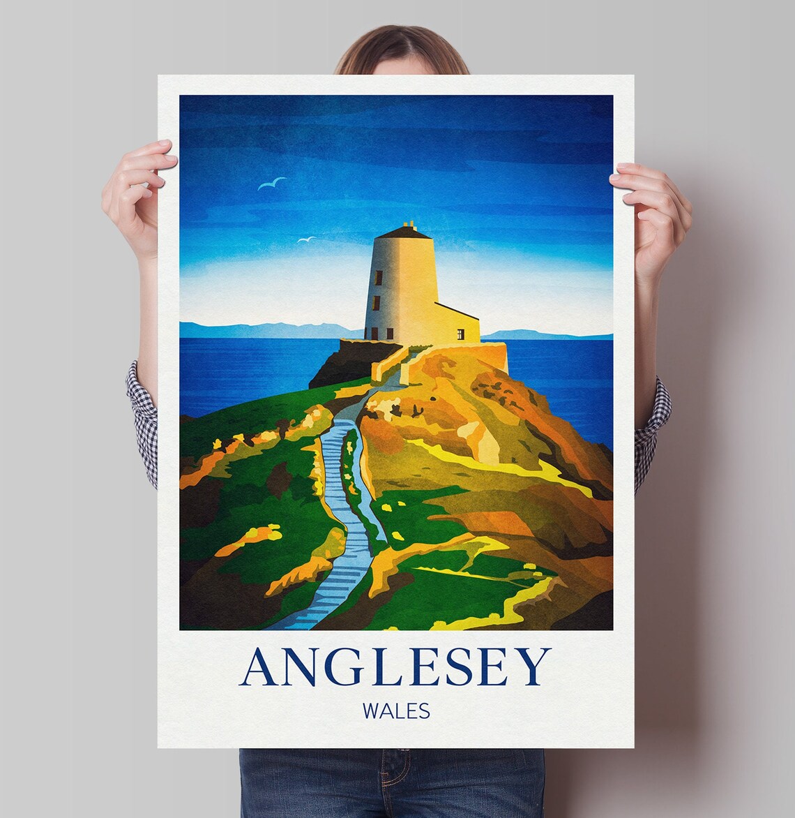 Anglesey Wales Island Lighthouse Travel Poster Rugged Coastal Cliffscape