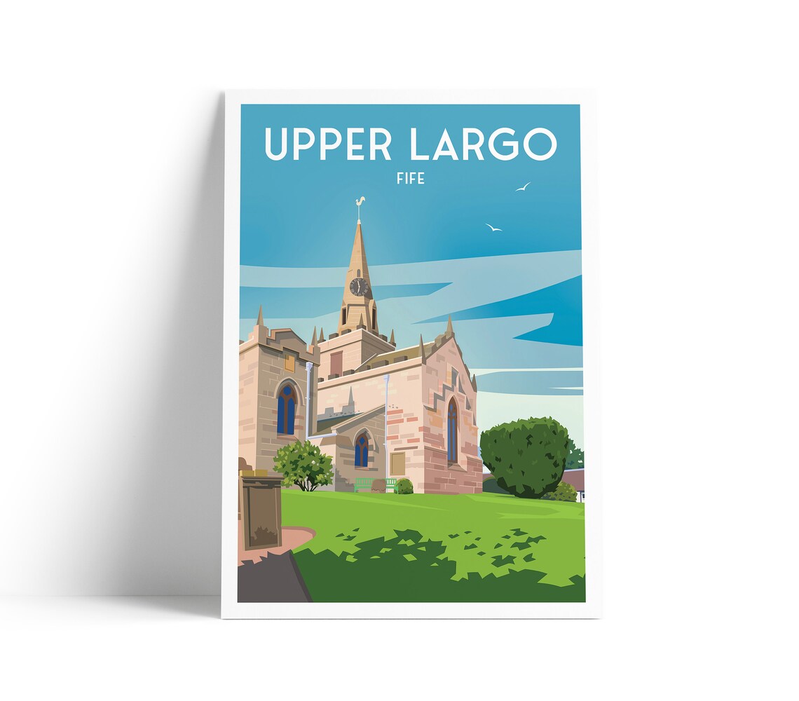 Upper Largo Fife Church Spire Green Lawn Scottish Vintage Travel Poster