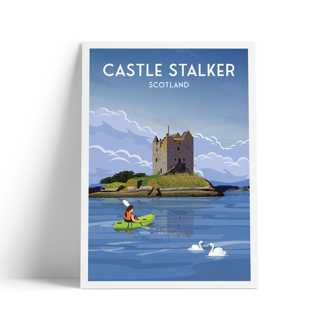 Castle Stalker Scotland Kayak Swans Travel Poster Loch Decor