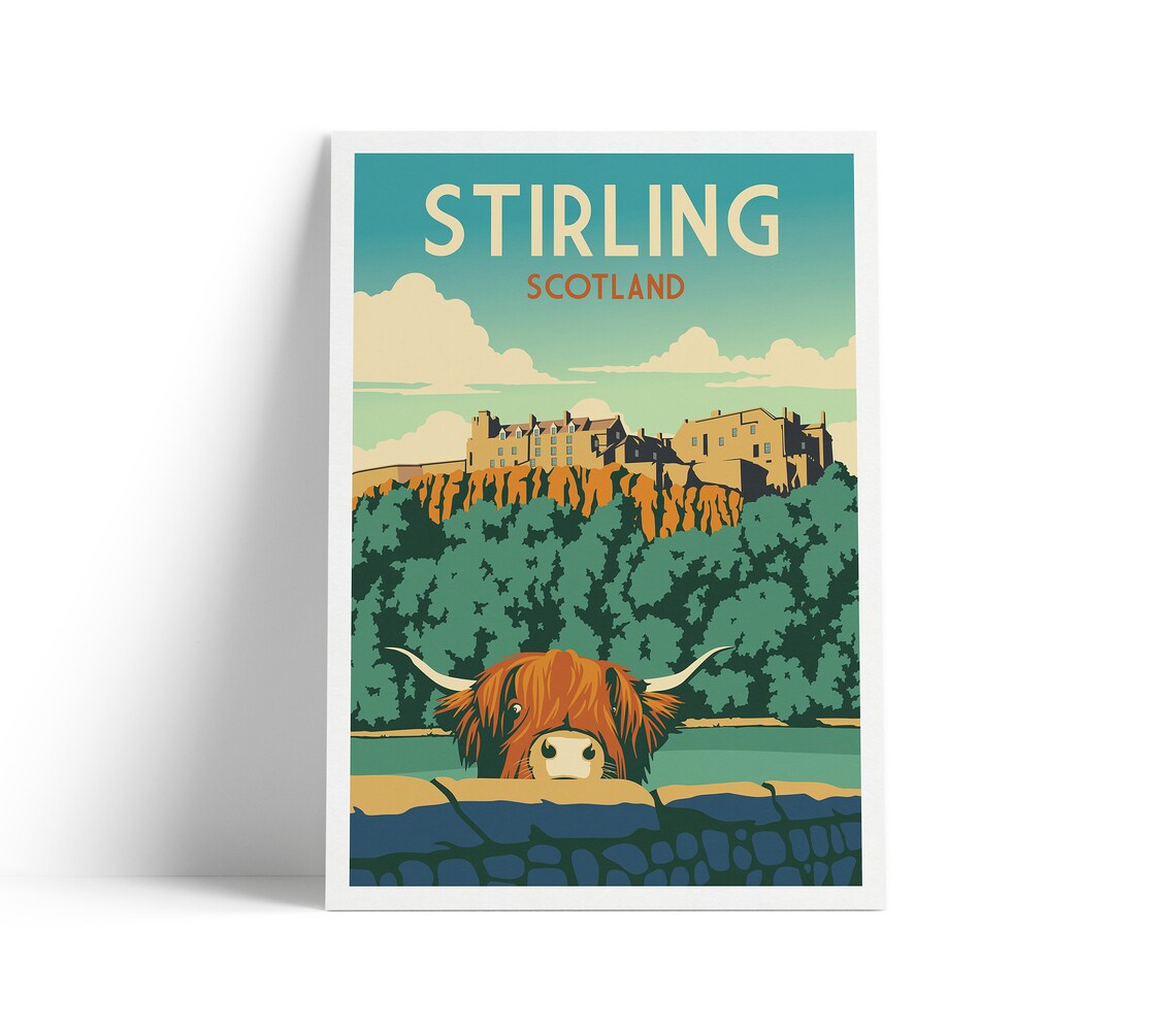 Stirling Castle Travel Poster, Highland Cow Scotland