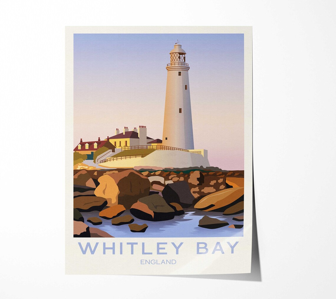Whitley Bay Travel Poster, English Coastal Lighthouse