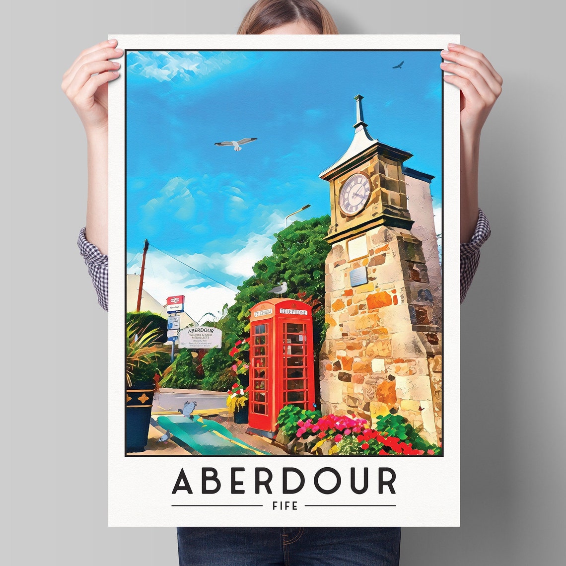 Aberdour Fife Clock Tower Red Telephone Box Scotland Travel Poster