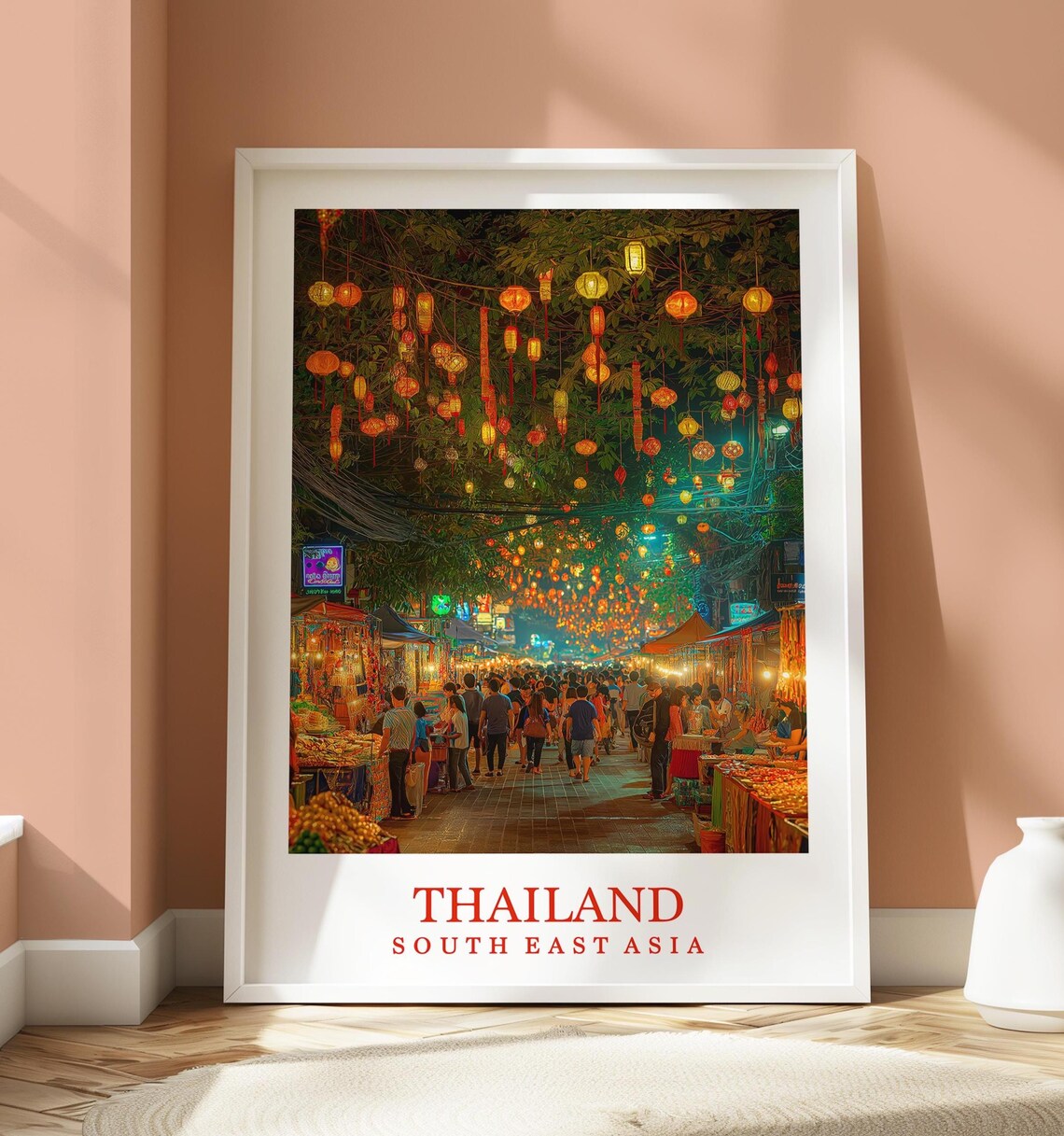 Thailand Lantern Street Market Night Crowded Festival Poster