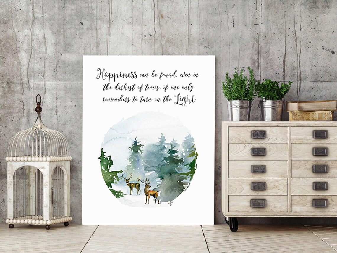 Happiness Darkest Times Turn On The Light Quote Print Winter Forest Deer Watercolor - Image 2