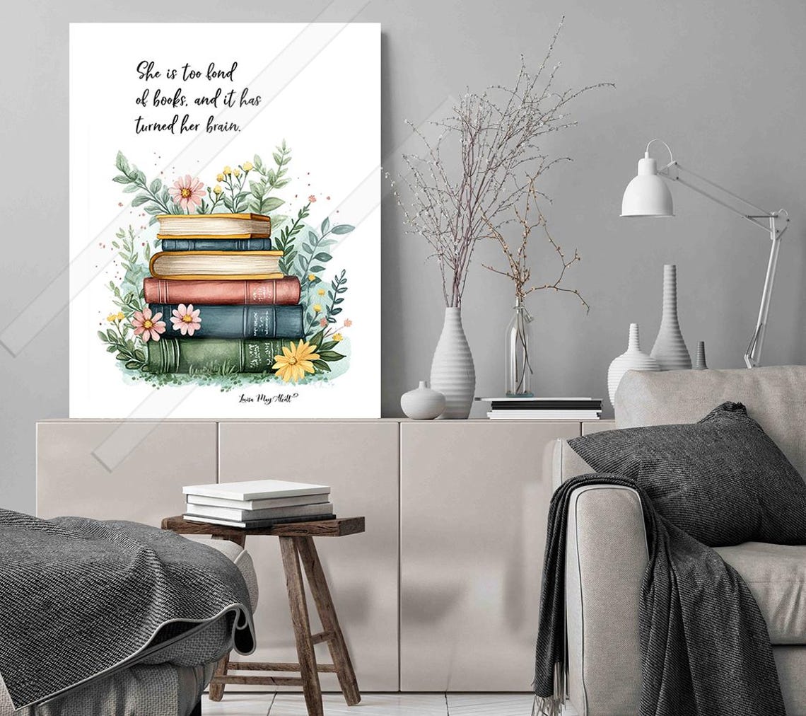 Louisa May Alcott She Is Too Fond Of Books Floral Book Stack Poster - Image 3