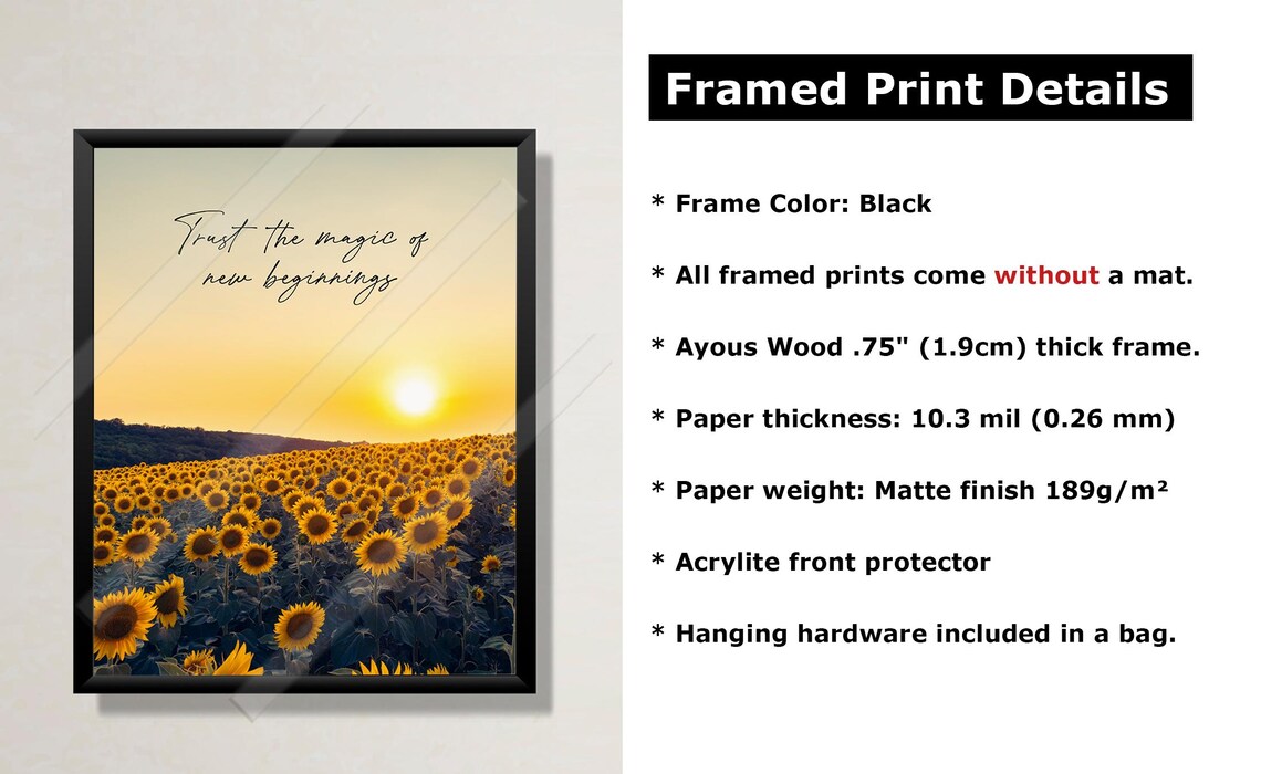 Trust The Magic Of New Beginnings Quote Sunflower Field Sunset Photography Print - Image 3