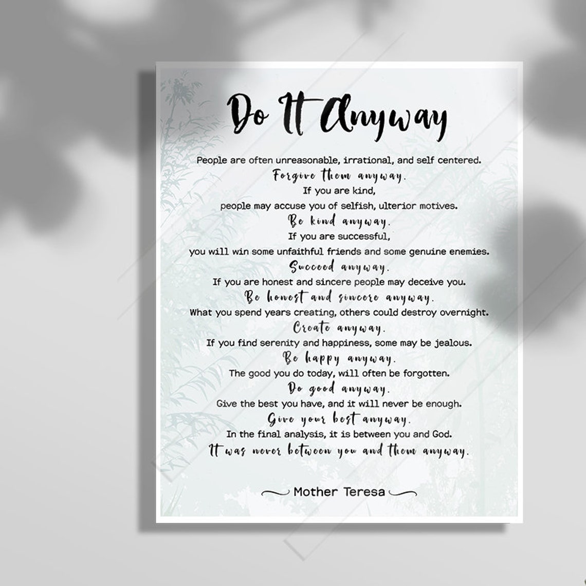 Mother Teresa Do It Anyway Paradoxical Commandments Quote Poster