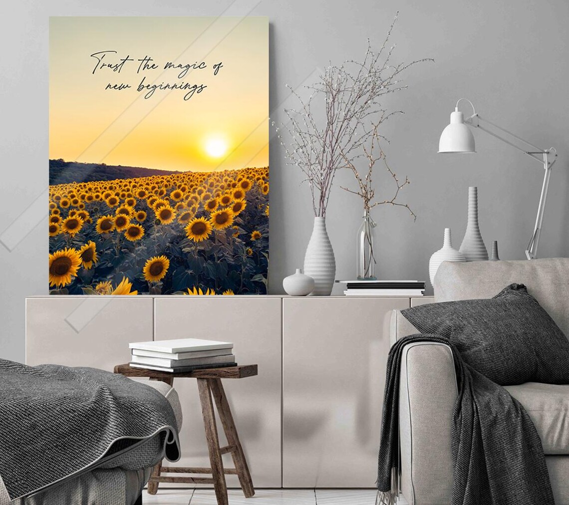 Trust The Magic Of New Beginnings Quote Sunflower Field Sunset Photography Print - Image 2