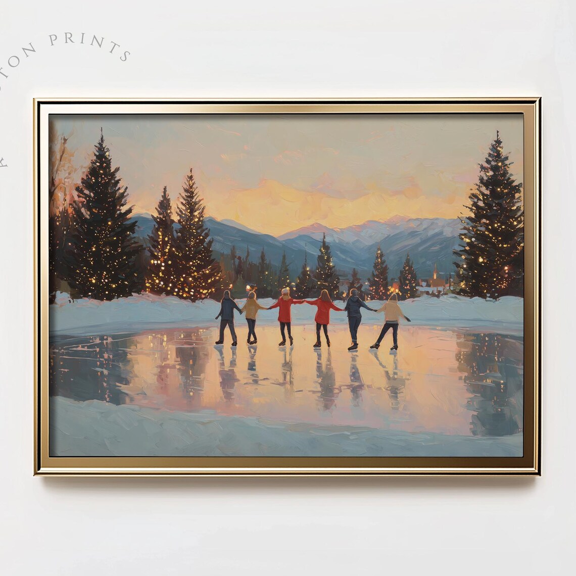 Modern Pastel Christmas Art Print, Winter Skating Rink